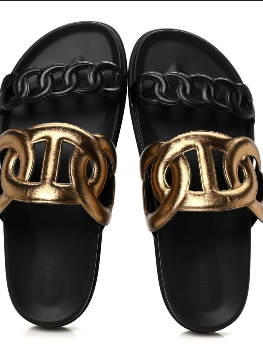 Hermes Black and Gold Chain-Embellished Slide Sandals